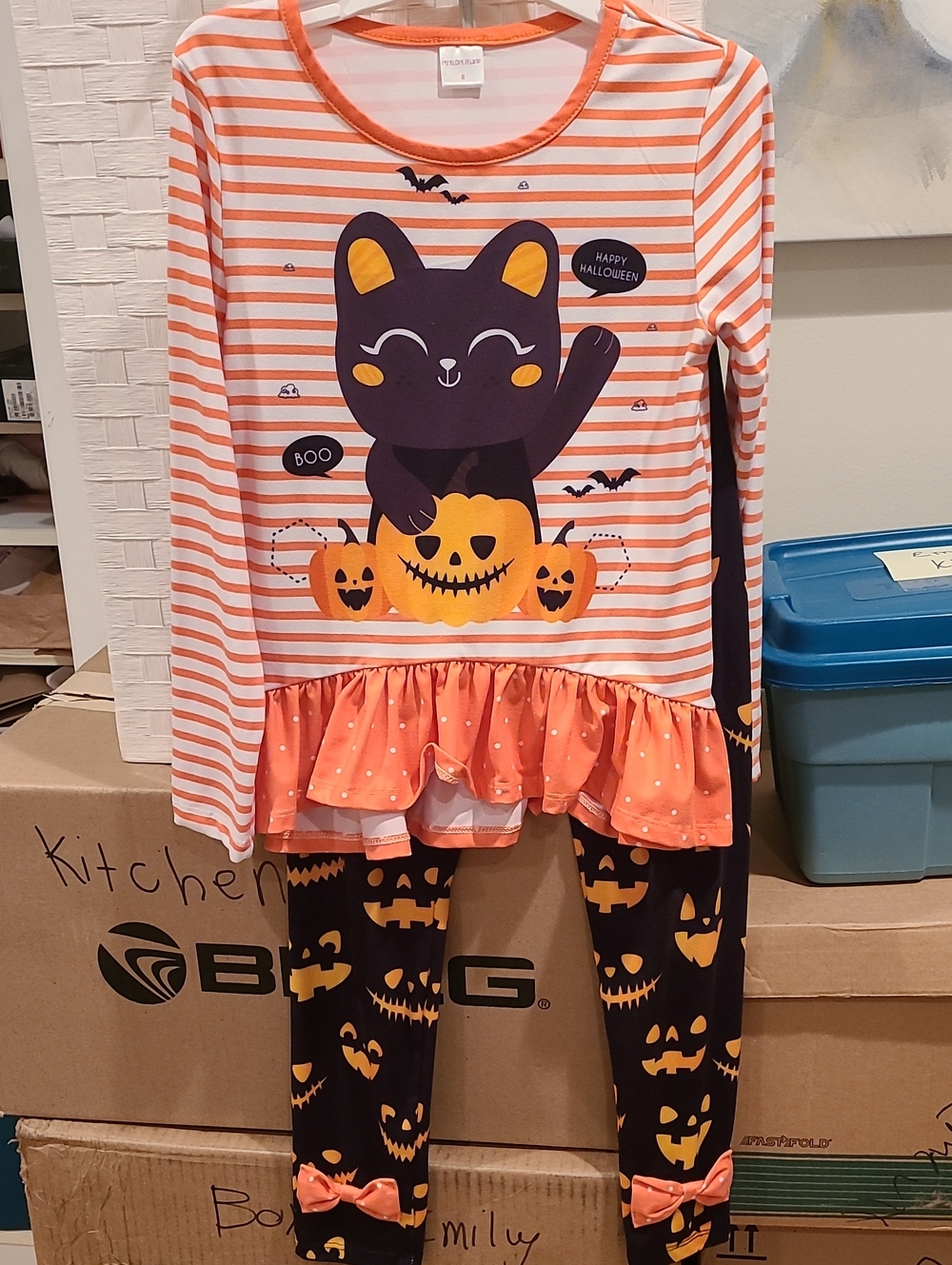 Kids Halloween Black Cat Pumpkin Ruffle Pajama Set - Orange/Black